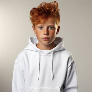 product fashion photography a [realistic 9 years old male model with freckles natural blemishes] wearing a basic plain white